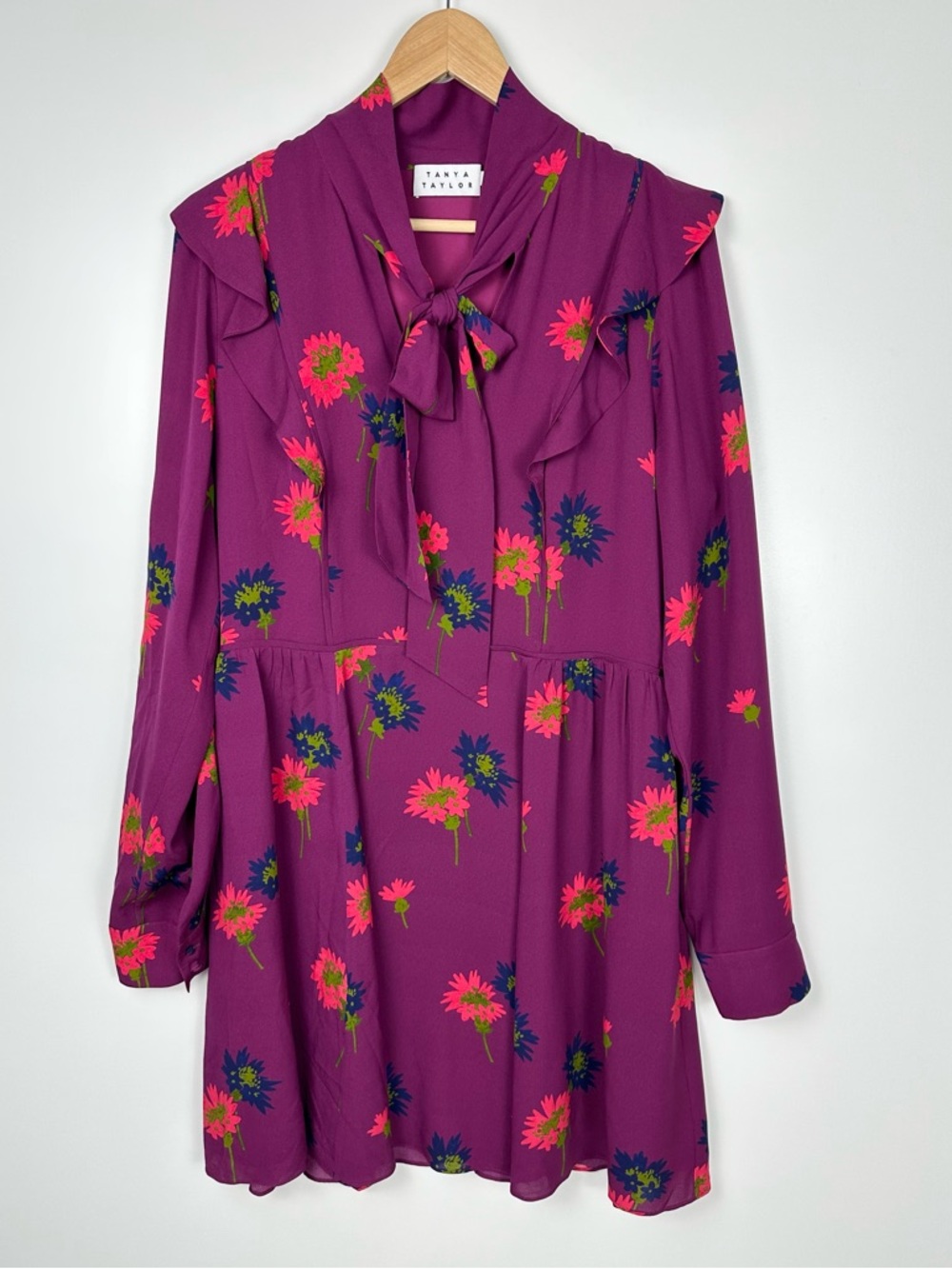 Tanya Taylor Aubree Long Sleeve Tie-Neck Floral Silk Mini Dress